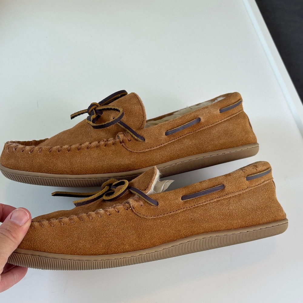 J.Crew Tan Leather Slippers Moccasin Faux Fur Lined Size 10 Men  Cozy - Picture 7 of 7